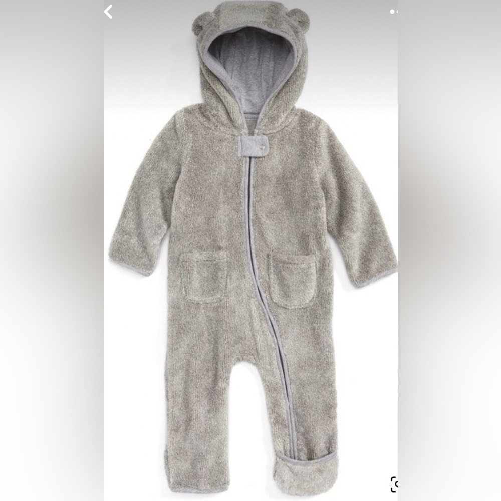 Nordstrom Baby Gray Fleece Hooded Bear Bunting Romper Zip-Up Newborn NB